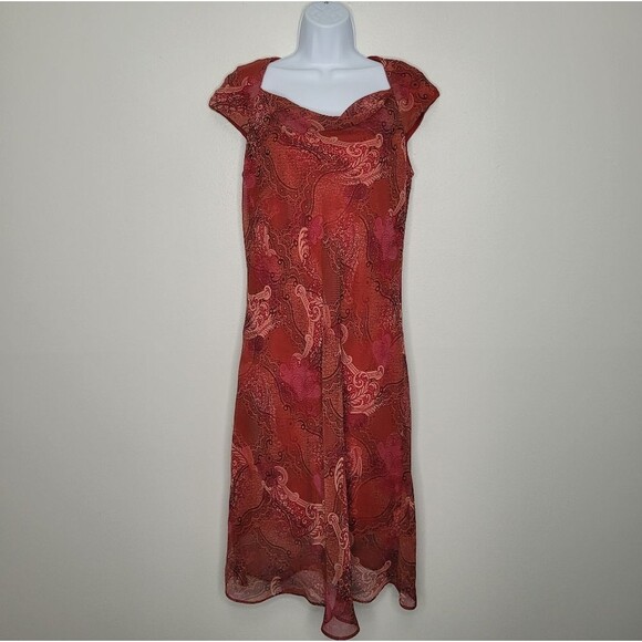 Vintage y2k red paisley lace print cap sleeve midi romantic moody dress size 8 - Picture 1 of 5